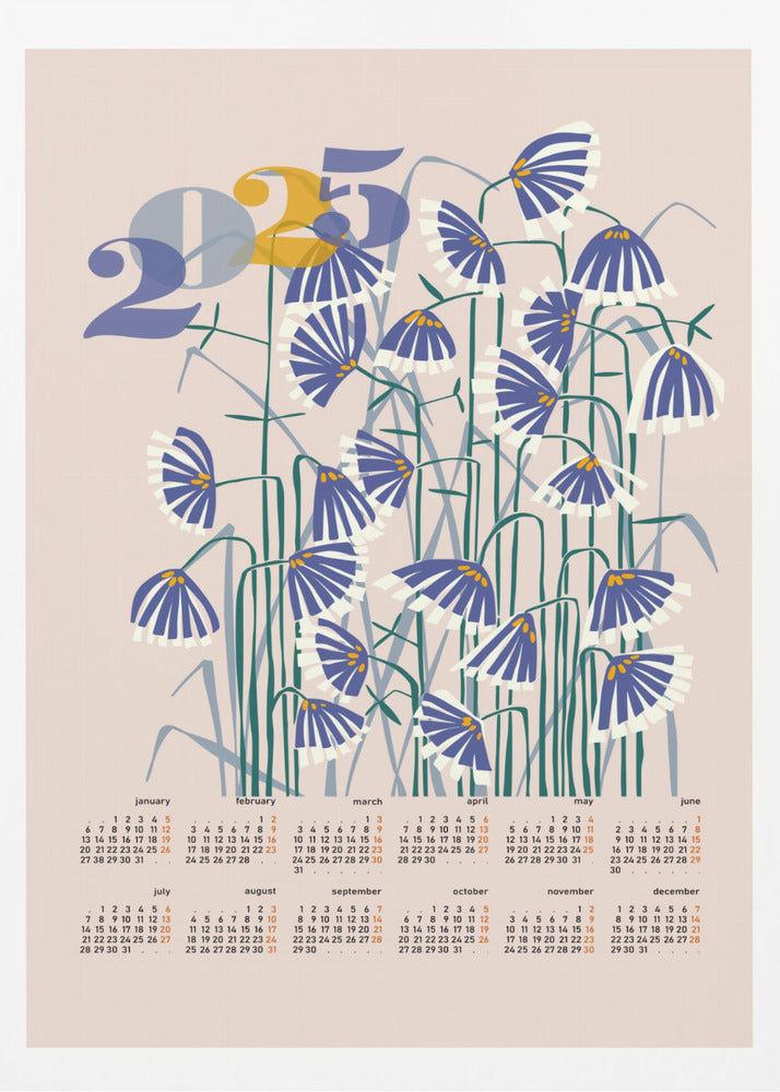 kalender 2025 Linoleumsnitt blommor persikofärgade pastellfärger | Poster