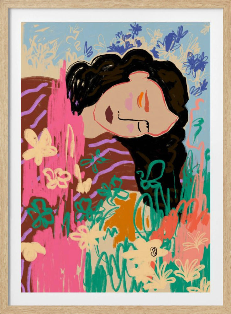 Uttrycksfull figur omgiven av färgglada blommor | Poster