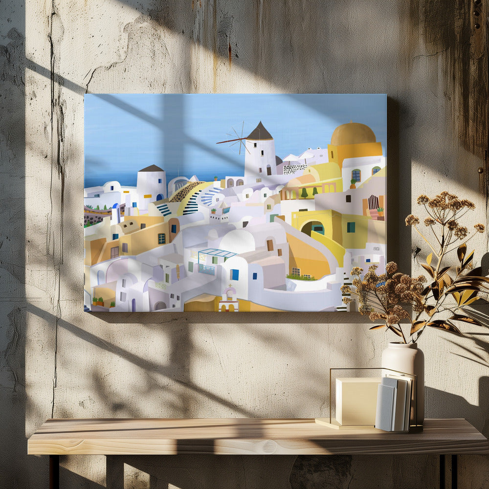 Santorini, gula och vita grekiska byggnader av konstnären Carla Daly | Canvastavla