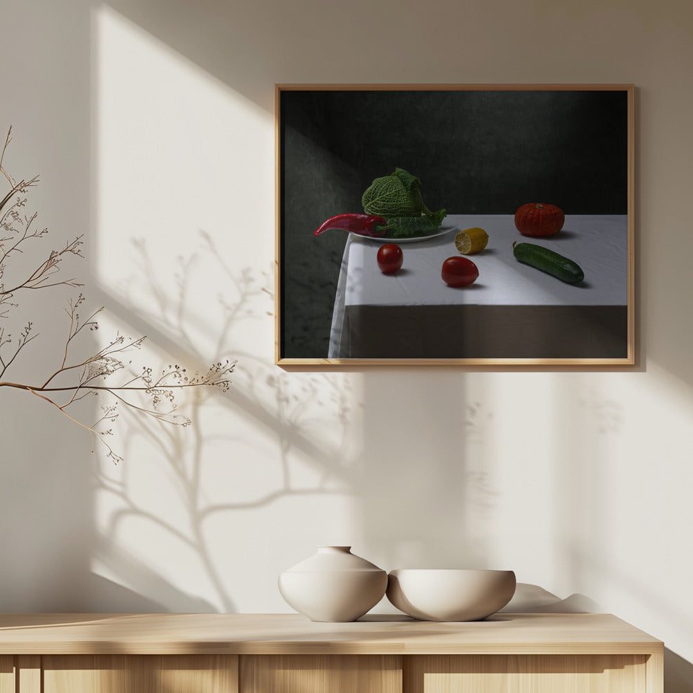 Still life with Savoy cabbage, tomatoes, cucumber, red pepper, lemon and pumpkin | Poster