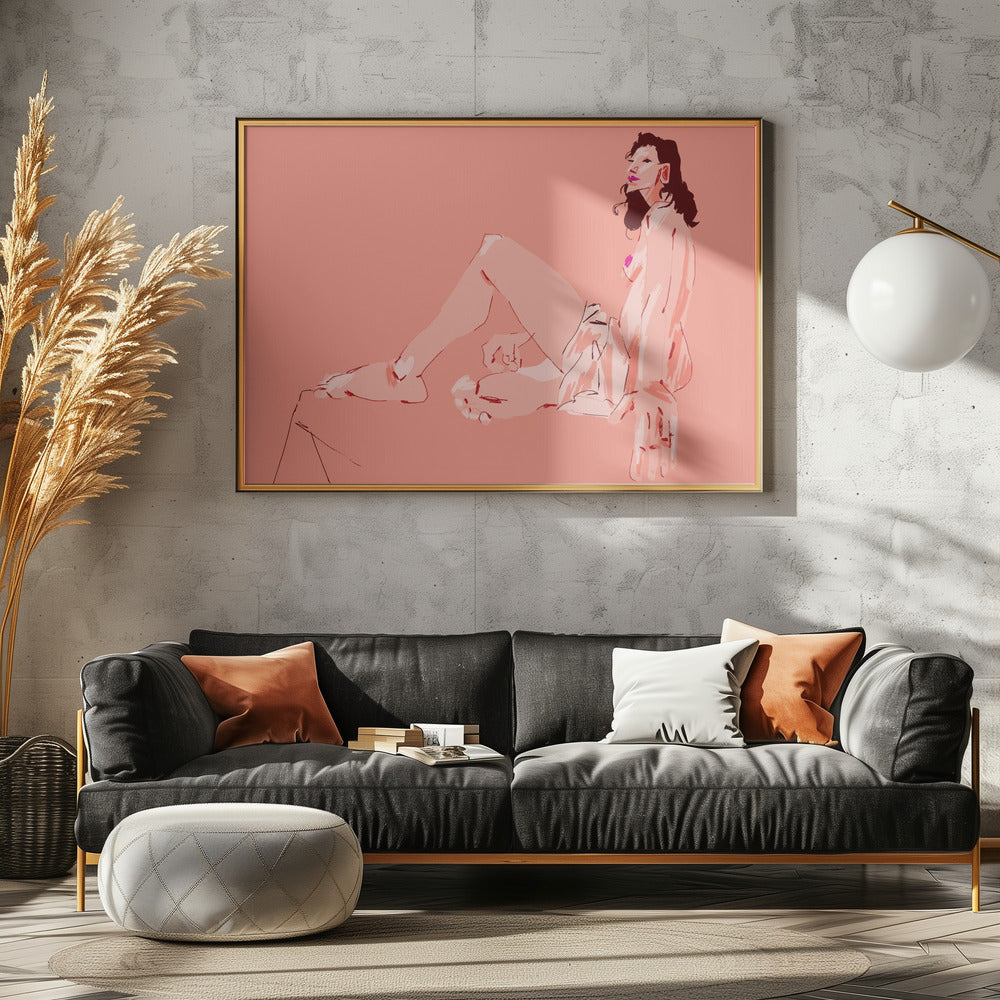 Jente som sitter rosa | Plakater - Kunsttrykk