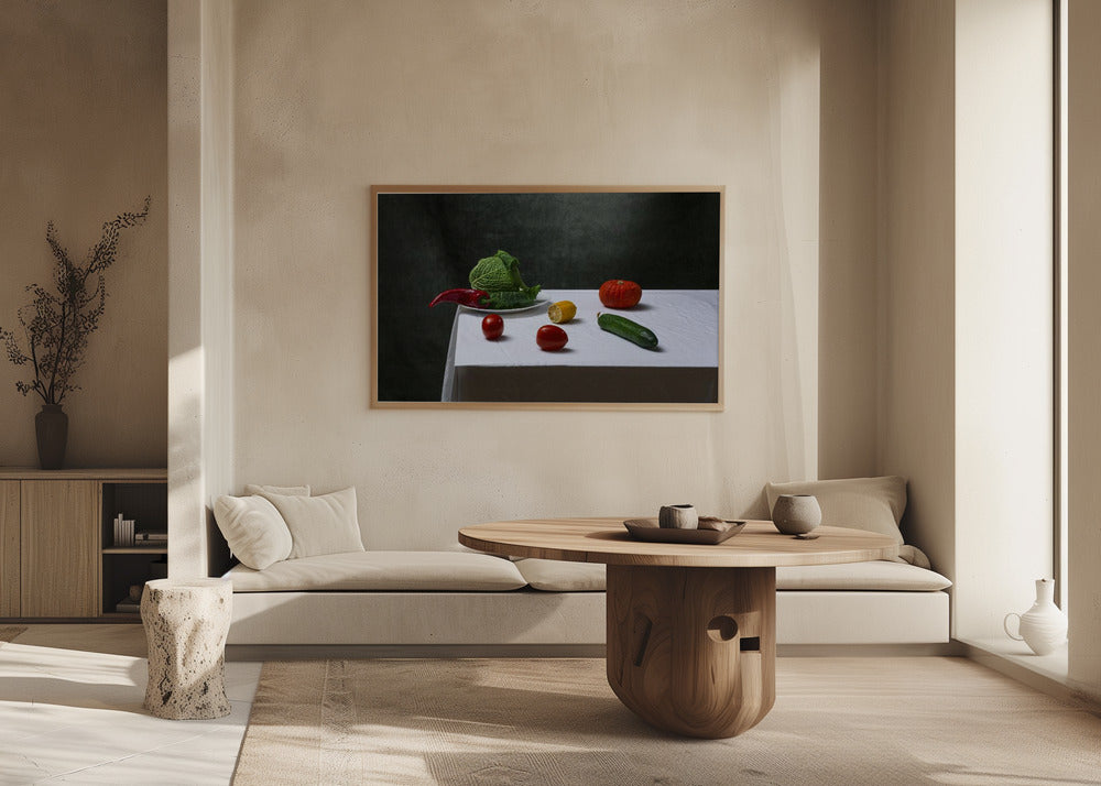 Still life with Savoy cabbage, tomatoes, cucumber, red pepper, lemon and pumpkin | Poster
