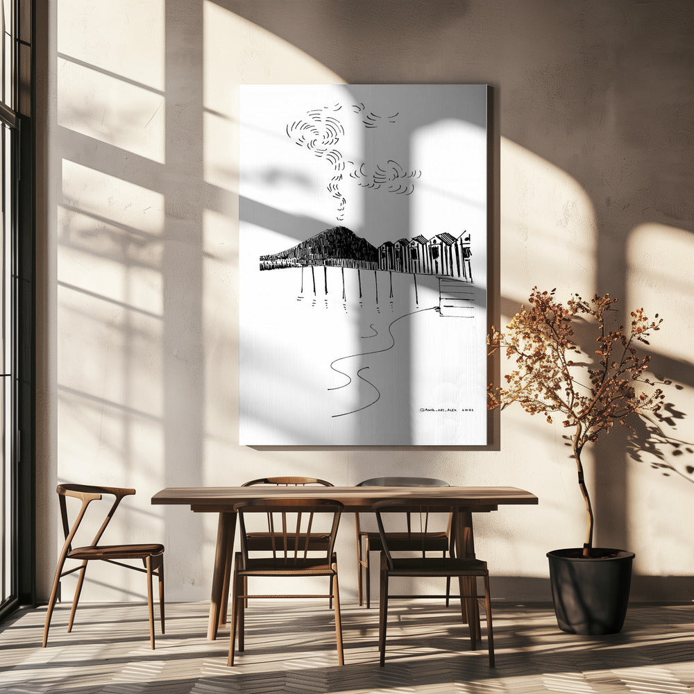 By The Sea In Italy With Beach Huts And Mountain Volcano, Italian Landscape Art Print | Canvas