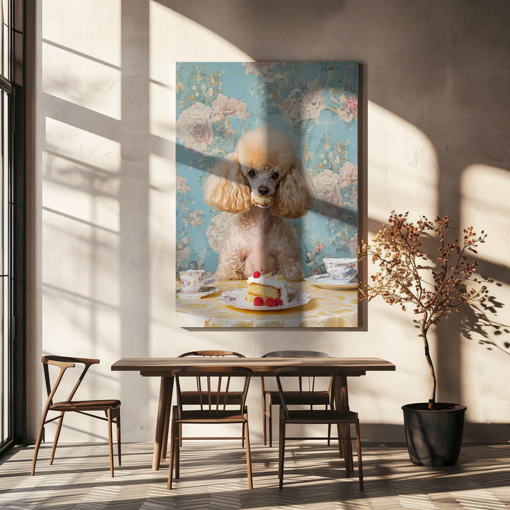 Caniche assis à une table à thé vintage | Tableaux sur Toile