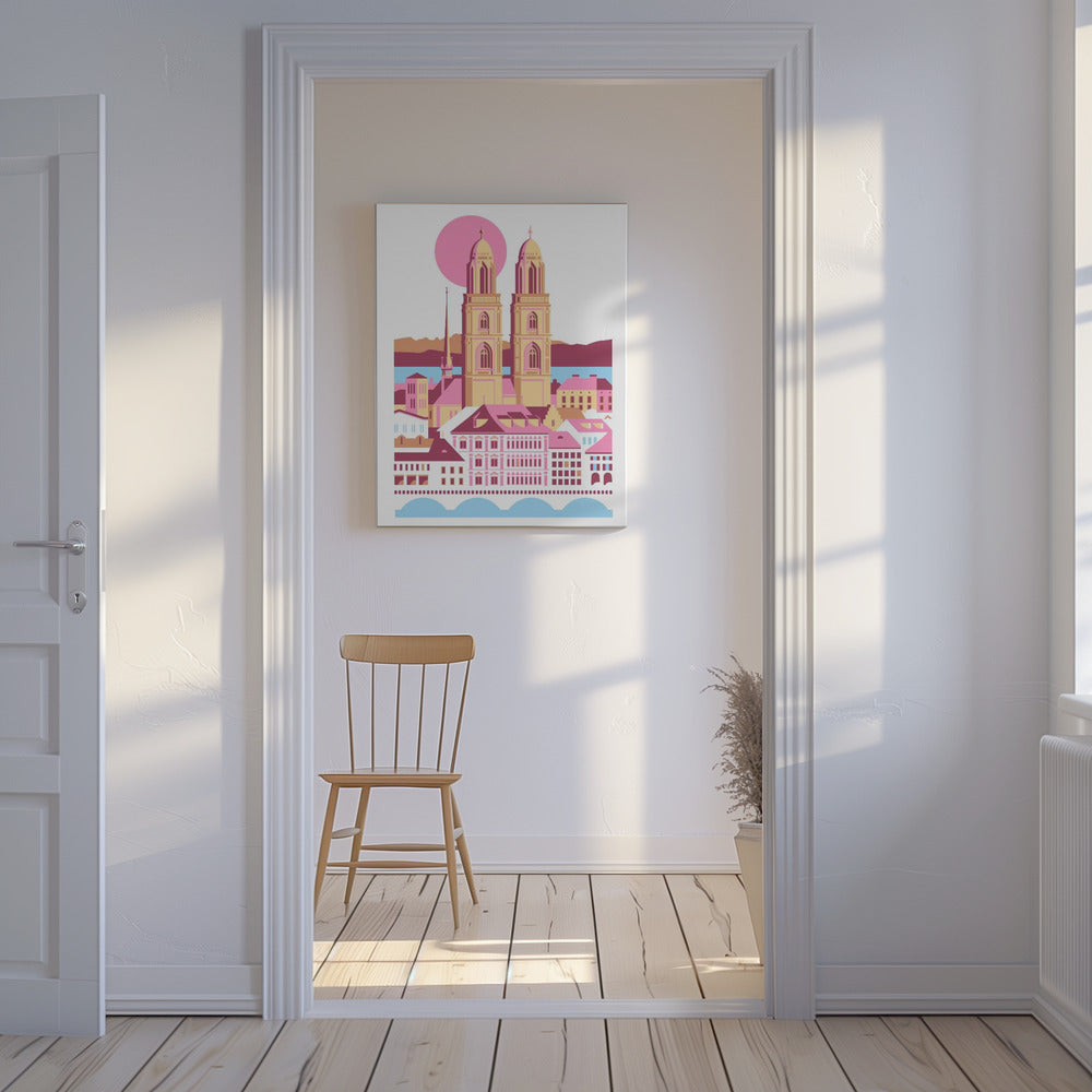 Staden Zürich Schweiz schweiziska sommarberg stadsillustration vintageposter | Canvastavla