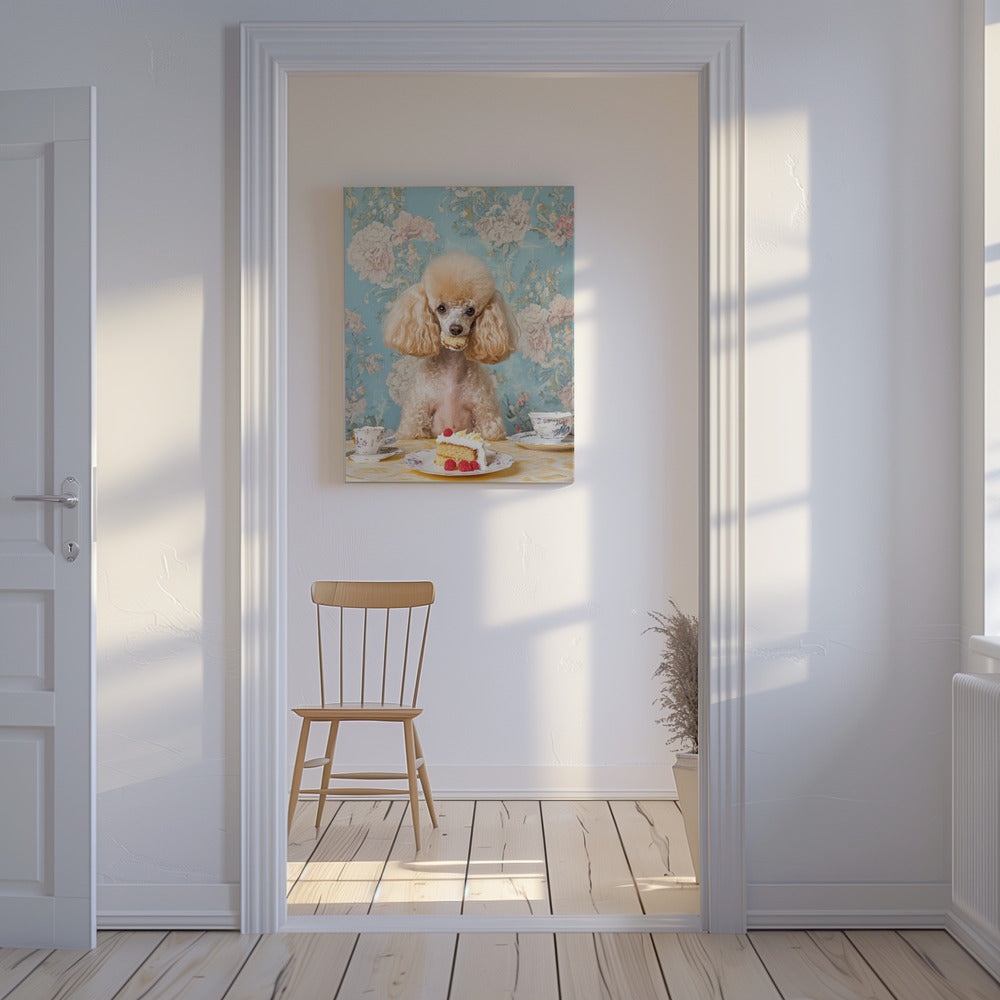 Caniche assis à une table à thé vintage | Tableaux sur Toile