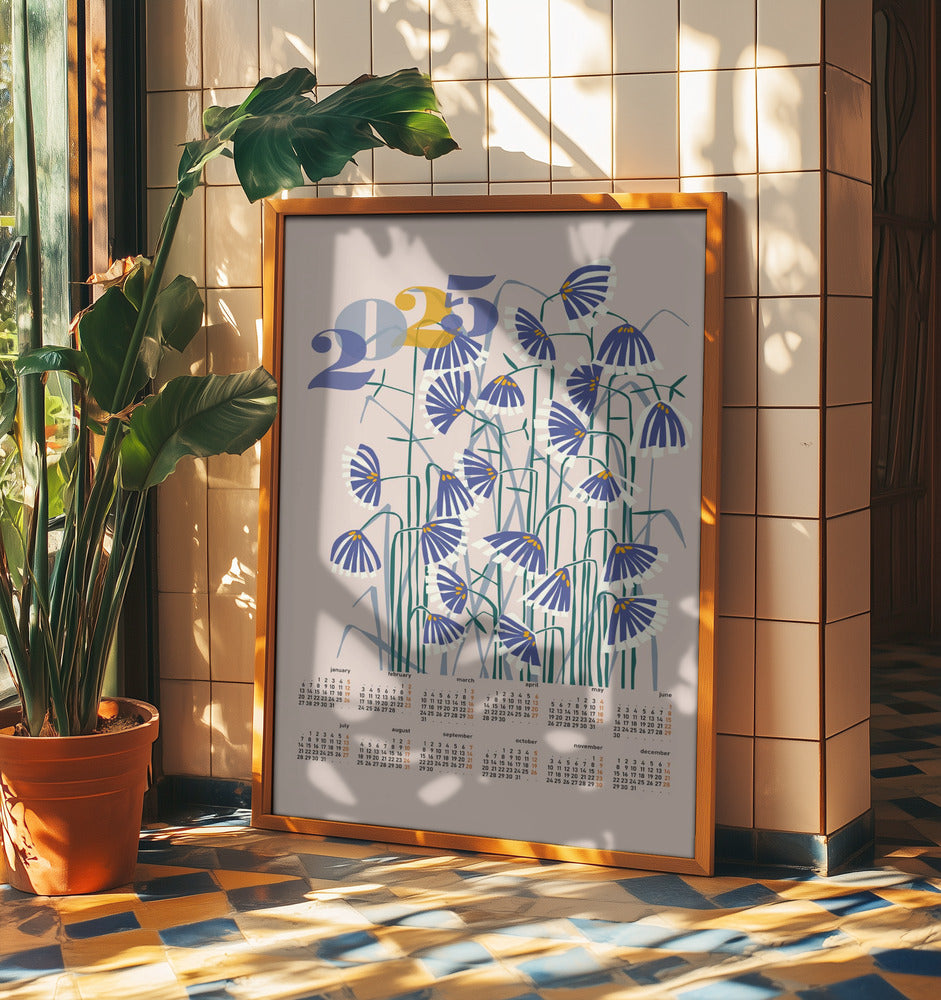 kalender 2025 Linoleumsnitt blommor persikofärgade pastellfärger | Poster