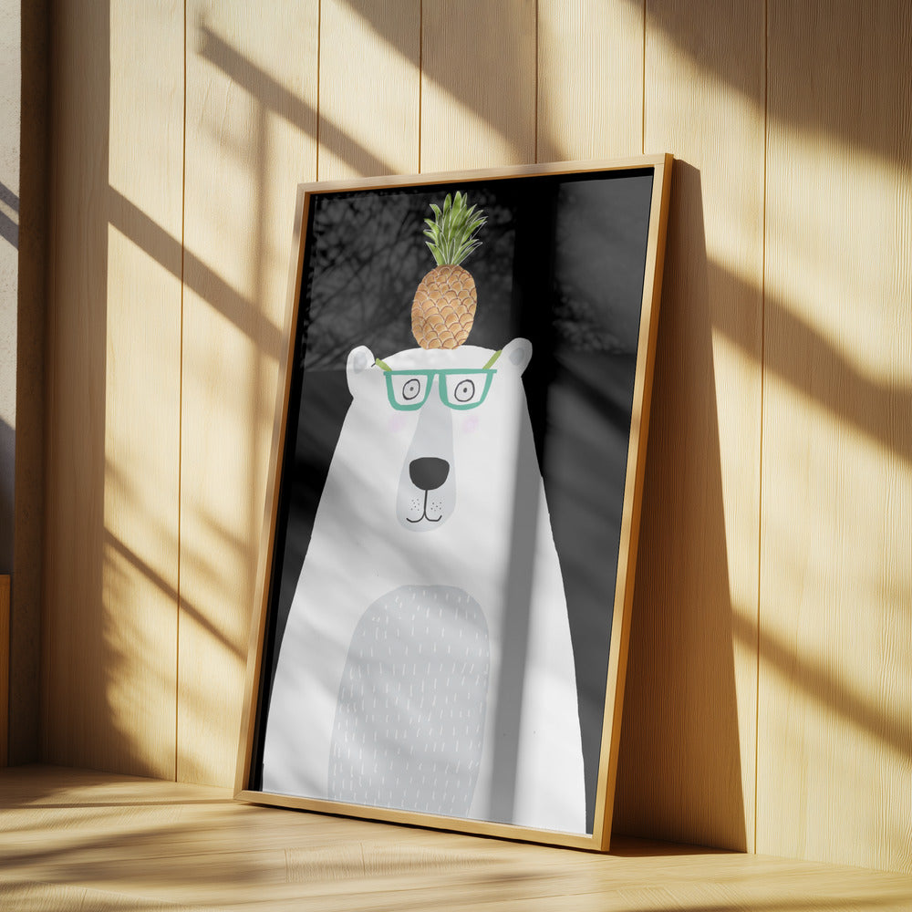 Rolig vit isbjörn med glasögon och ananas | Poster