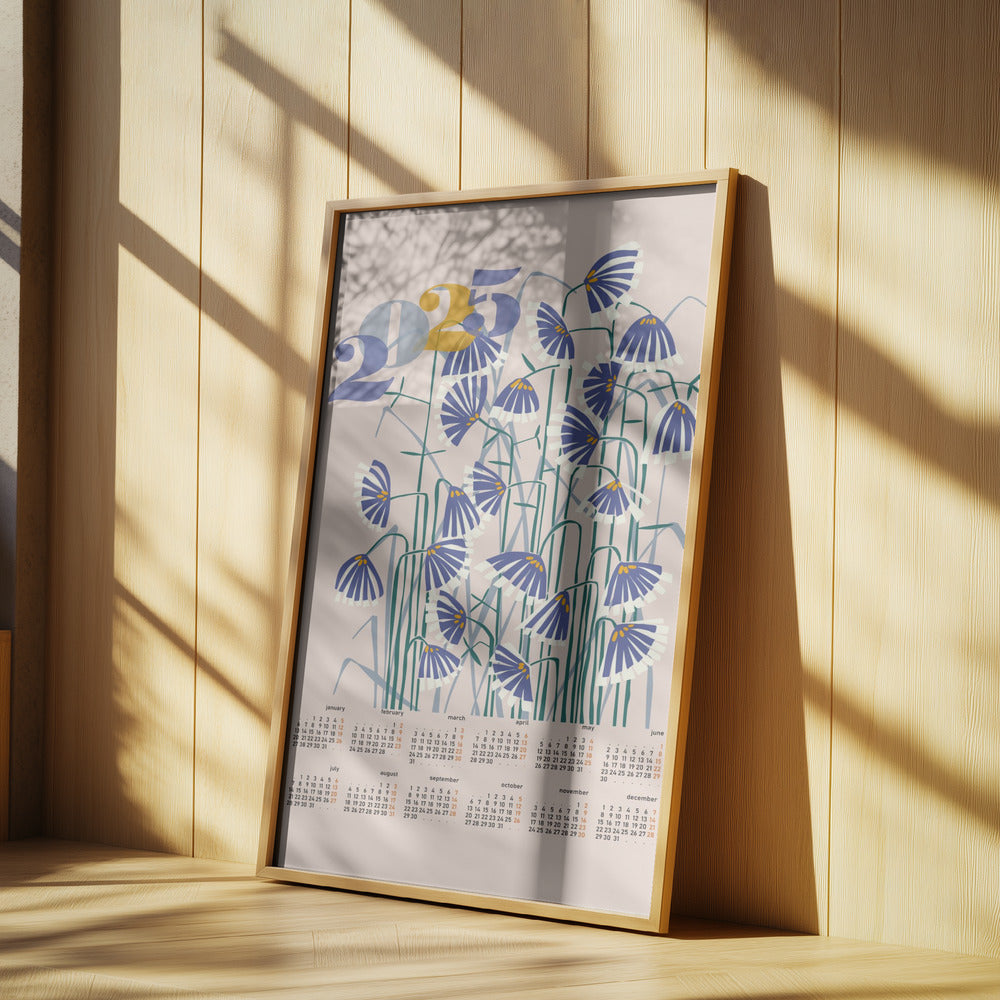 kalender 2025 Linoleumsnitt blommor persikofärgade pastellfärger | Poster