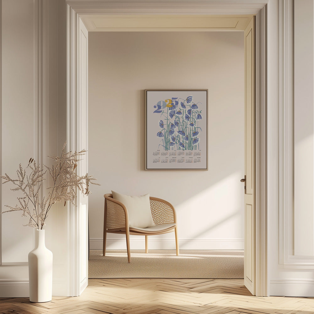 kalender 2025 Linoleumsnitt blommor persikofärgade pastellfärger | Poster