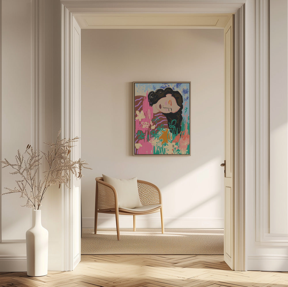 Uttrycksfull figur omgiven av färgglada blommor | Poster