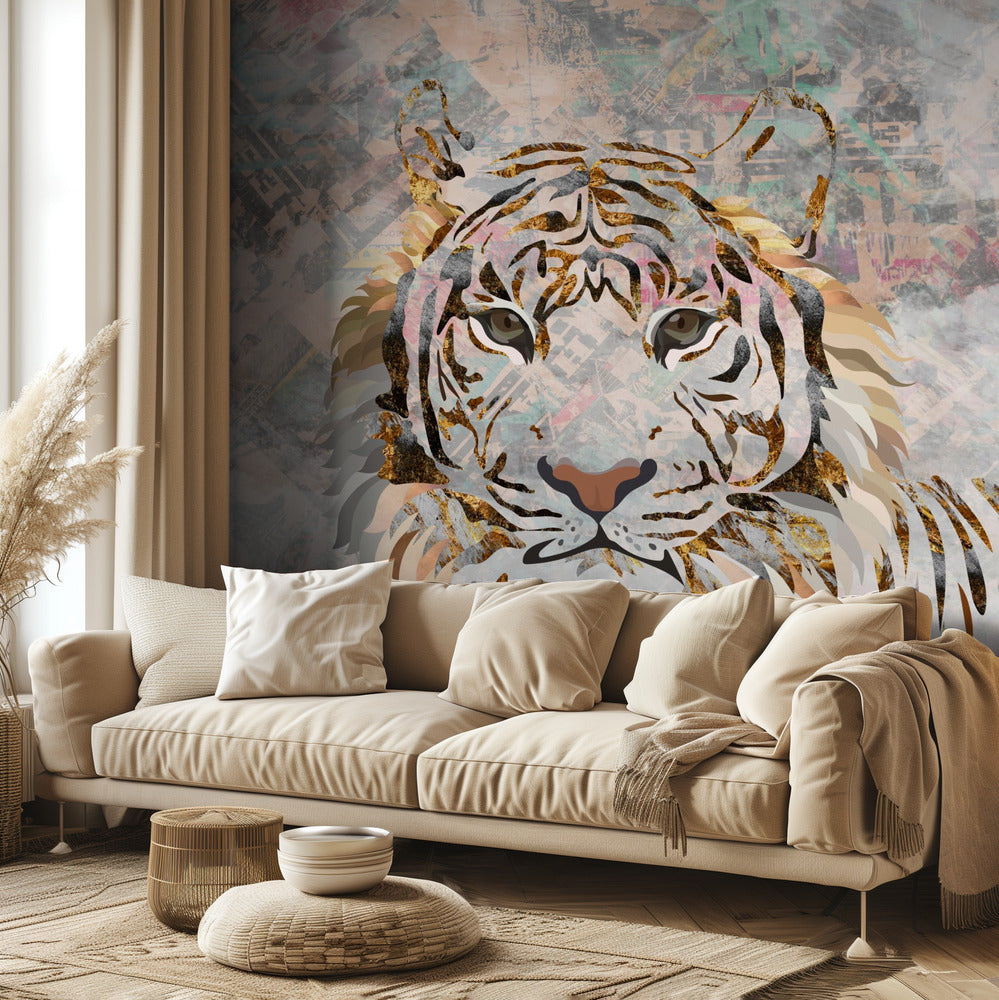 Tiger grungy guld väggmålning | Tapet