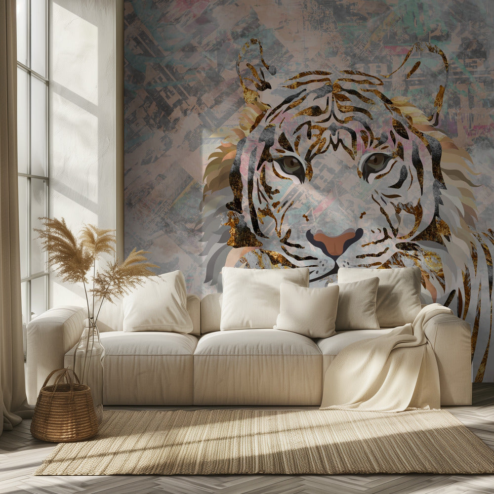 Tiger grungy guld väggmålning | Tapet