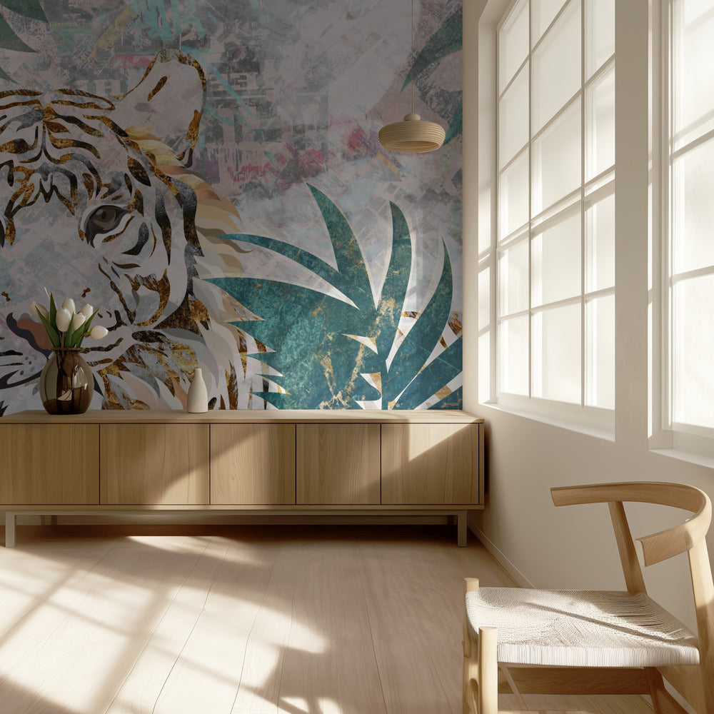 Tiger grunge tropisk palm väggmålning | Tapet