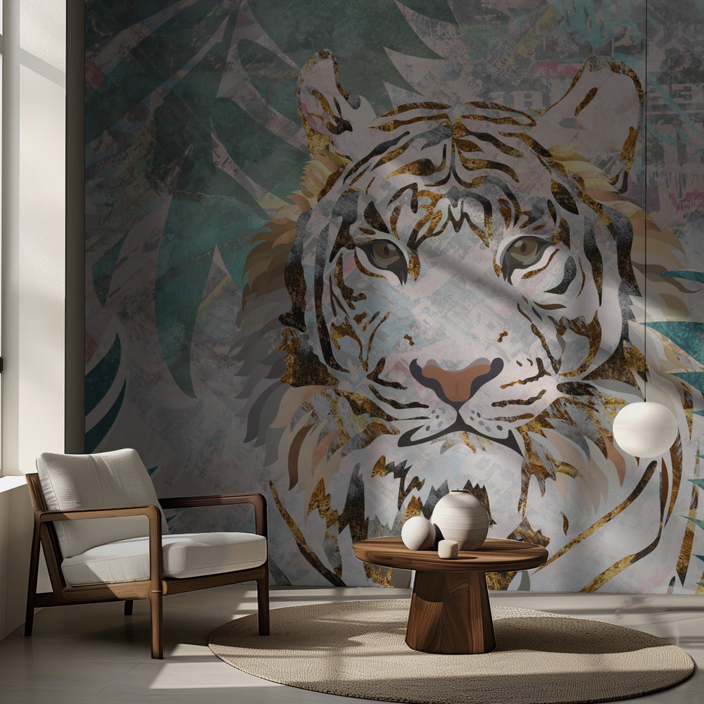 Tiger grunge tropisk palm väggmålning | Tapet