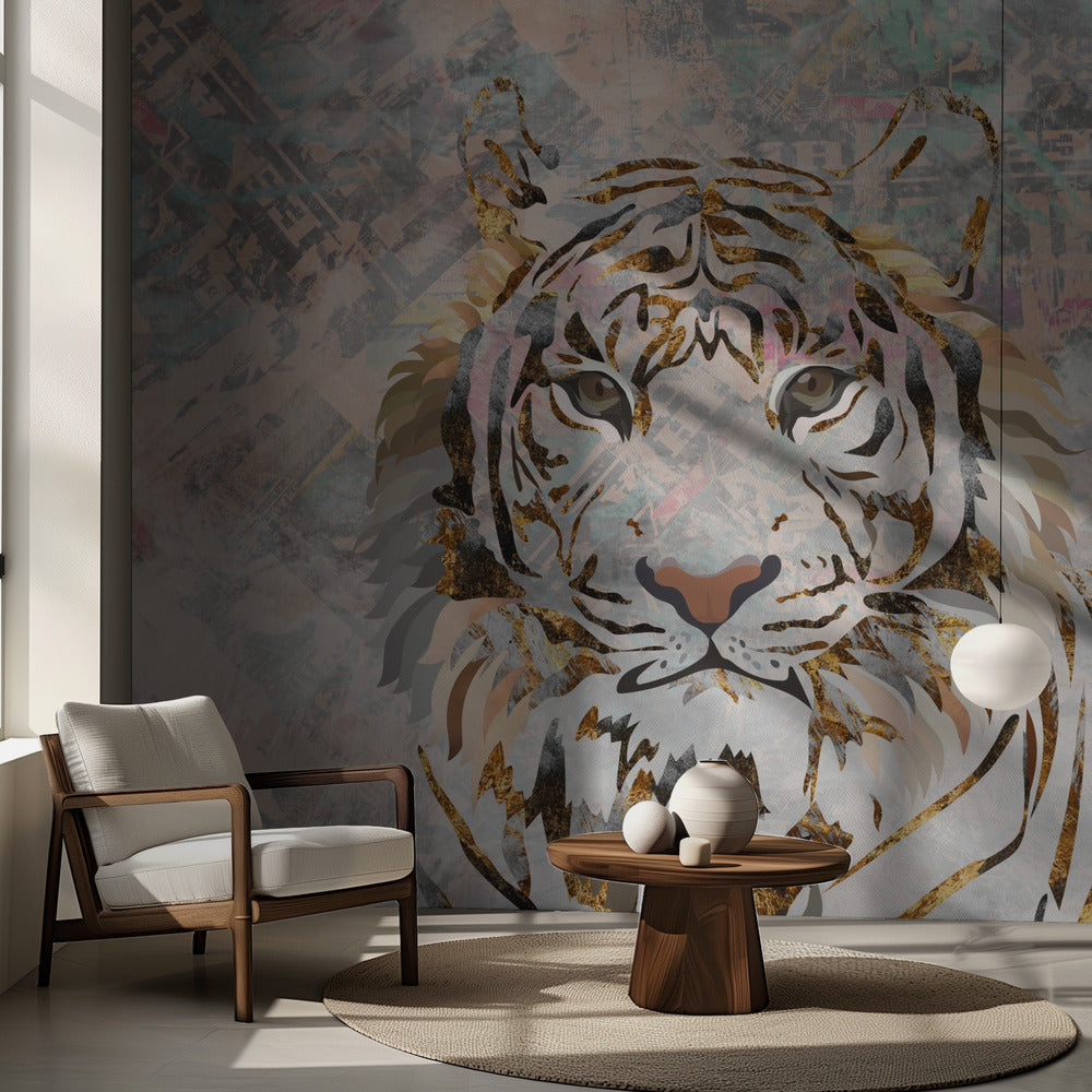 Tiger grungy guld väggmålning | Tapet