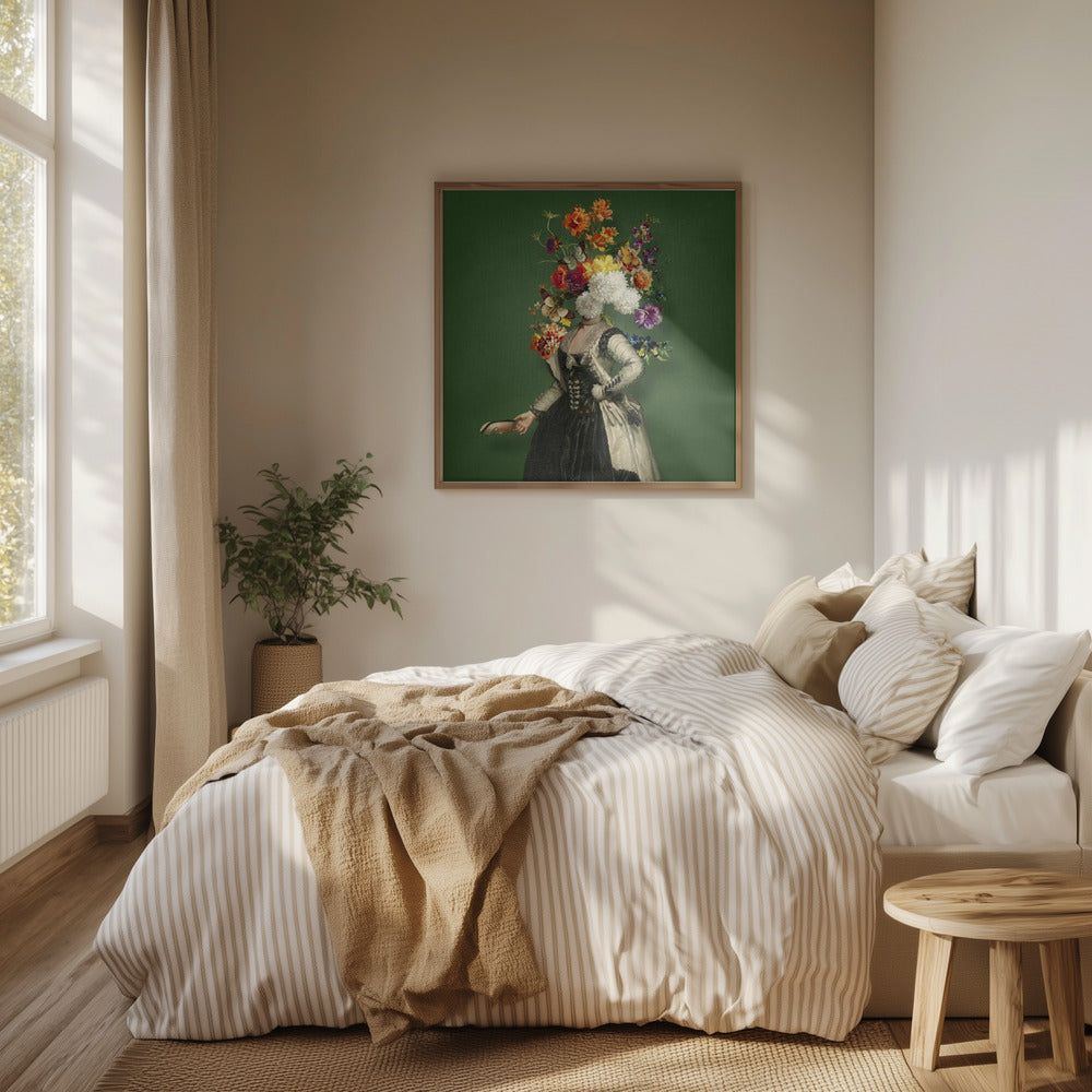 Klassisk porträttkonst med livfulla blommiga inslag | Poster