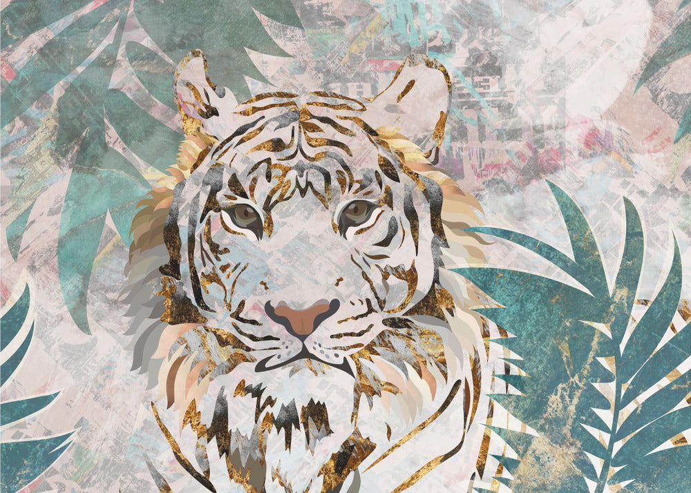 Tiger grunge tropisk palm väggmålning | Tapet