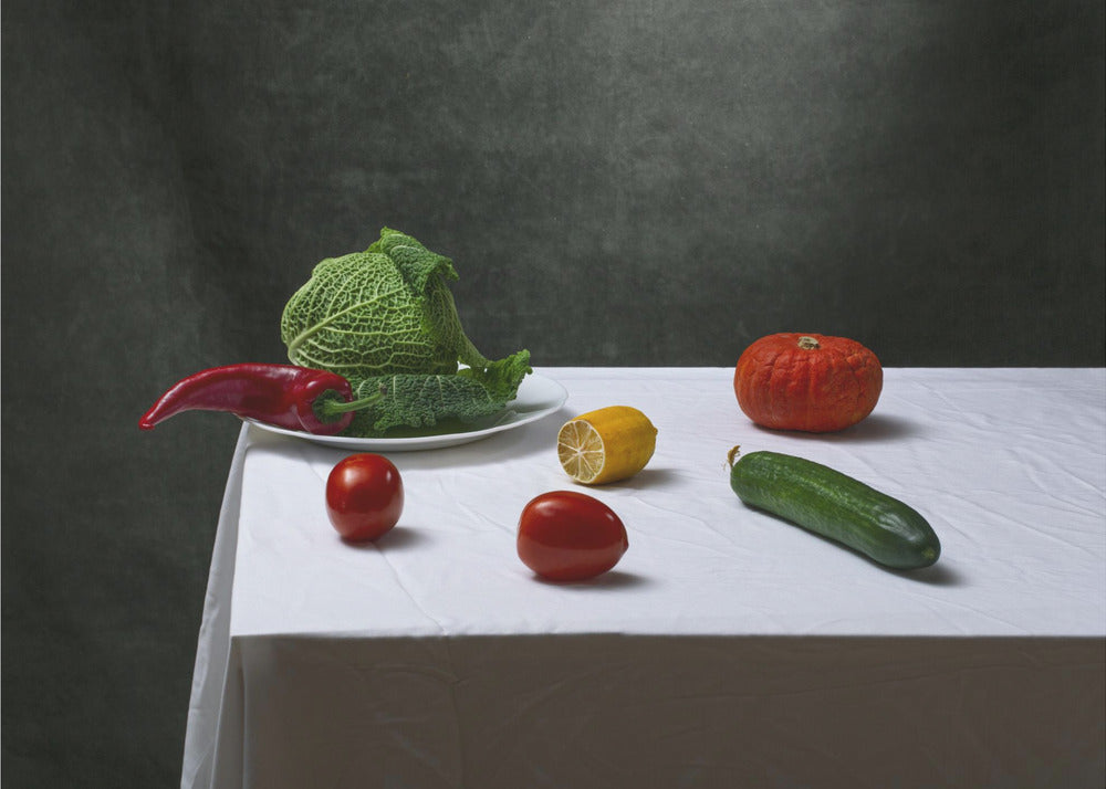 Still life with Savoy cabbage, tomatoes, cucumber, red pepper, lemon and pumpkin | Poster
