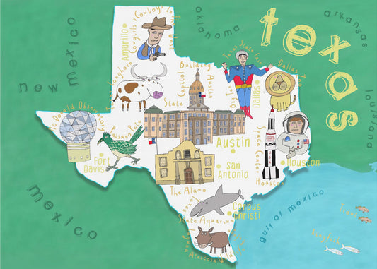 Illustration av karta över delstaten Texas av kartkonstnären Carla Daly | Canvas
