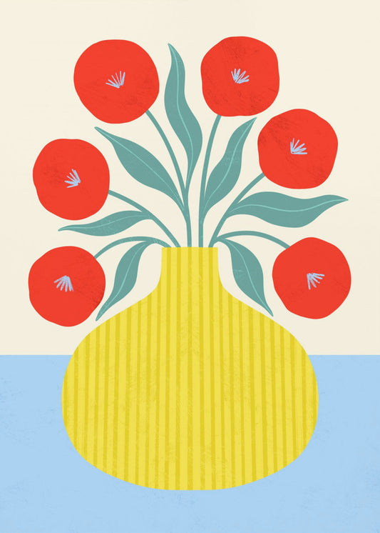 Rote Blumen in gelber Vase | Leinwand