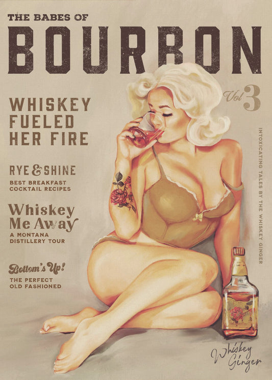 Väggkonst med bourbonmotiv. Sexig vintage-pinuppa som dricker whisky | Poster