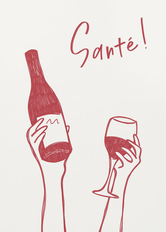 Hands holding a wine bottle and a wine glass with the text &quot;Cheers!&quot; in French | Poster