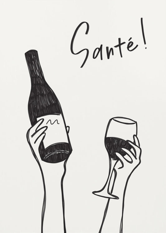 Hands holding a wine bottle and a wine glass with the text &quot;Cheers!&quot; in French | Poster