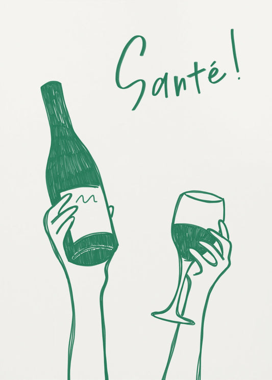 Hands holding a wine bottle and a wine glass with the text &quot;Cheers!&quot; in French | Poster