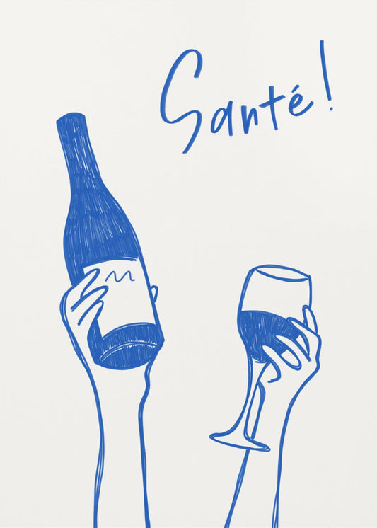 Hands holding a wine bottle and a wine glass with the text &quot;Cheers!&quot; in French | Poster