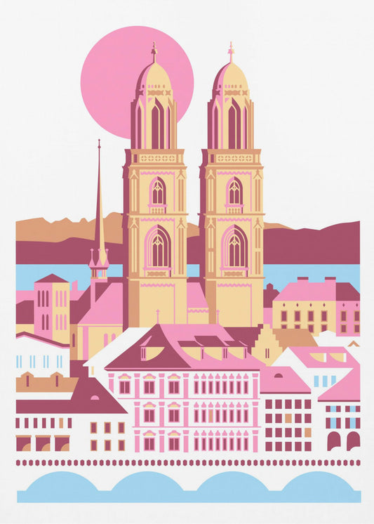 Staden Zürich Schweiz schweiziska sommarberg stadsillustration vintageposter | Canvastavla