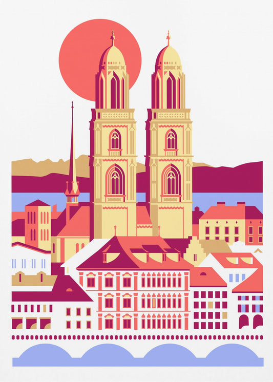 Staden Zürich Schweiz schweiziska sommarberg stadsillustration vintageposter | Canvastavla