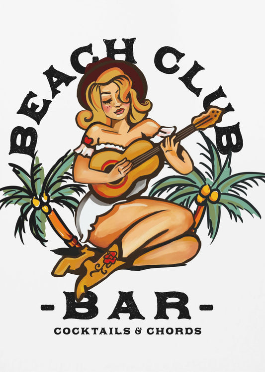 Strandklubbsbar. Pinuppa i sjömans-Jerry-stil som spelar gitarr | Poster