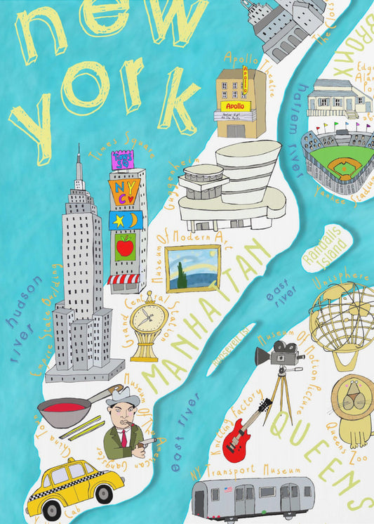Färgglad illustrerad karta över New York av kartkonstnären Carla Daly | Canvas