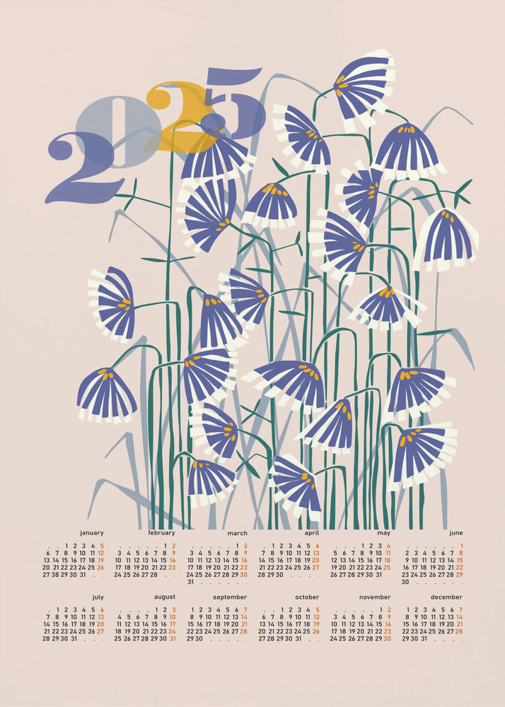 kalender 2025 Linoleumsnitt blommor persikofärgade pastellfärger | Poster