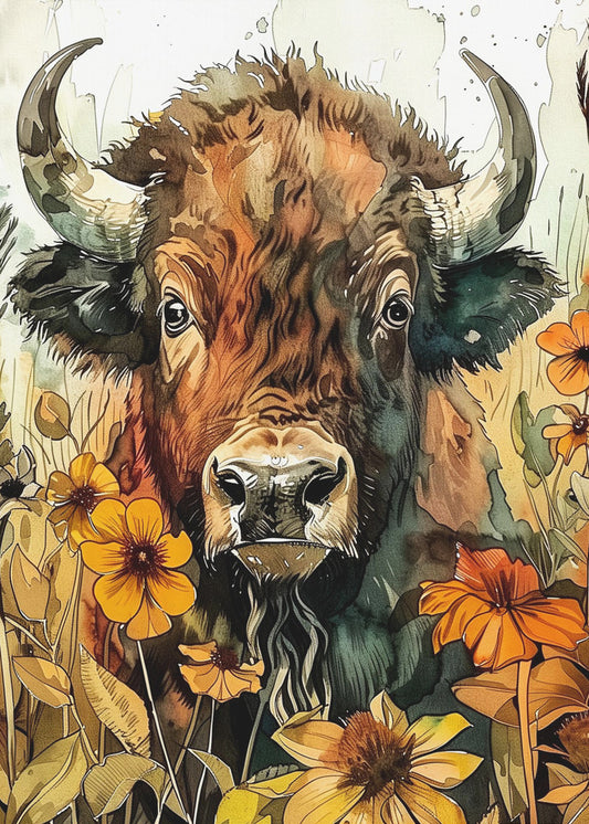 Akvarell djurkonst med buffelmotiv 1 | Poster