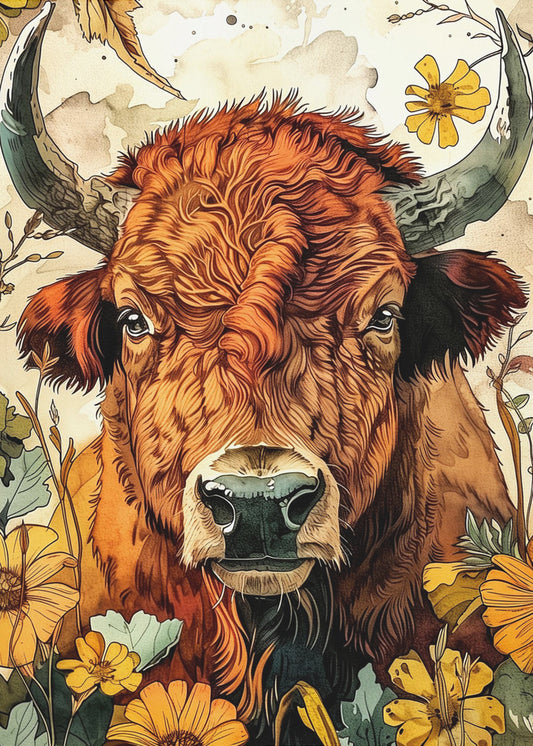 Akvarell djurkonst med buffelmotiv 4 | Poster