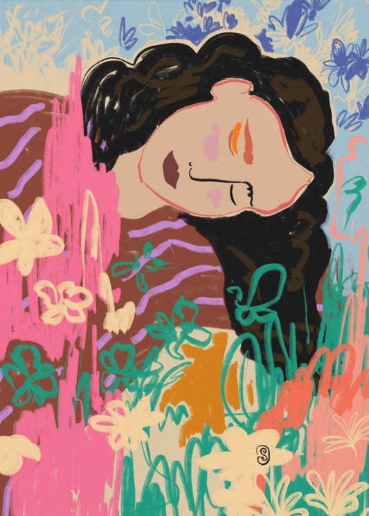Uttrycksfull figur omgiven av färgglada blommor | Poster