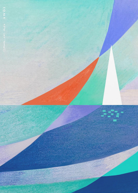 Abstract Ocean Art With Minimalist White Sailboat On The Sea | Canvas