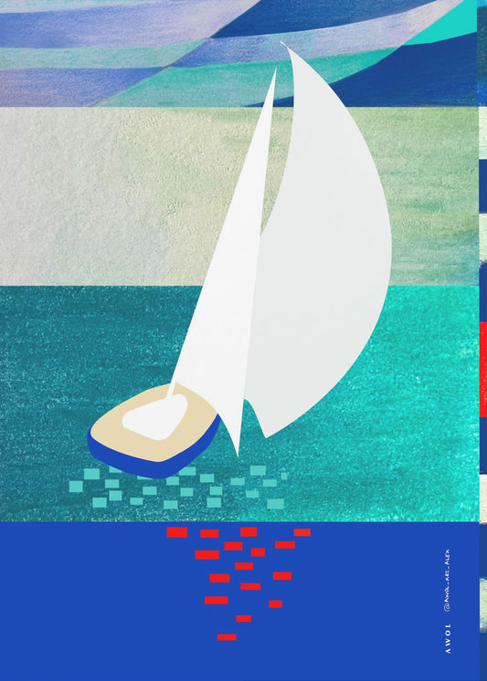 White Sailboat With Reflections, Abstract Sea Art With Graphic Stripes | Canvas