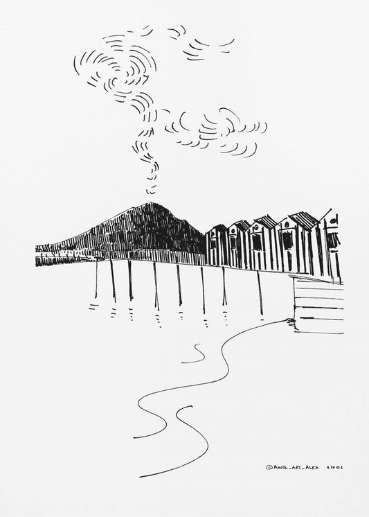 By The Sea In Italy With Beach Huts And Mountain Volcano, Italian Landscape Art Print | Canvas