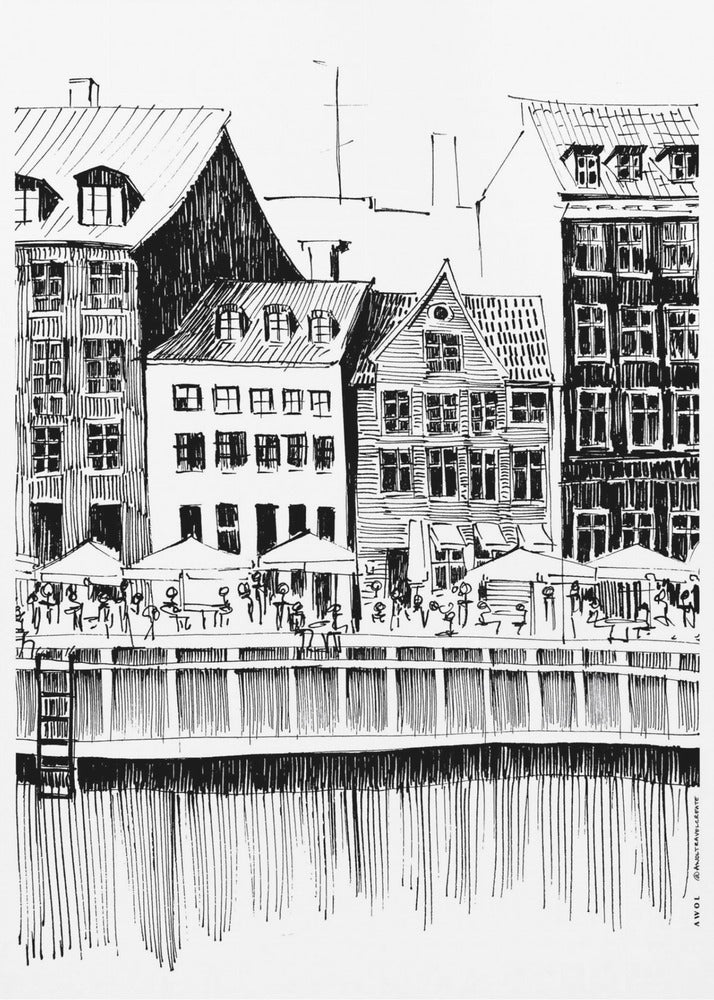 Konsttryck från Köpenhamn, reseillustration från Danmark med kaféer vid vattnet | Canvas