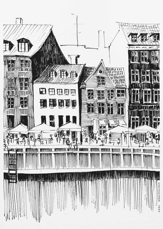 Konsttryck från Köpenhamn, reseillustration från Danmark med kaféer vid vattnet | Canvas