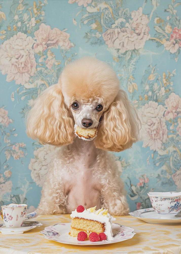 Caniche assis à une table à thé vintage | Tableaux sur Toile