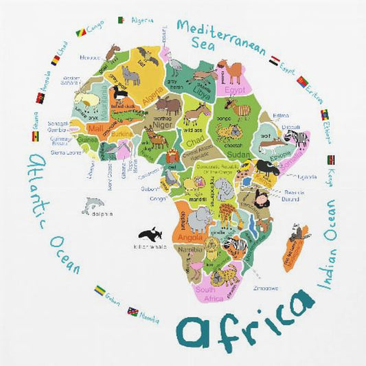 Illustrerad karta över Afrika med länder och söta djur av Carla Daly | Canvas